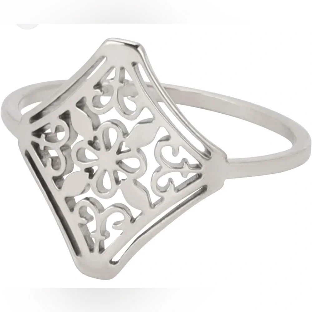 NEW 14k White Gold Plated 316L‎ Cut Out Hollow Filigree Flower Ring, Size 8